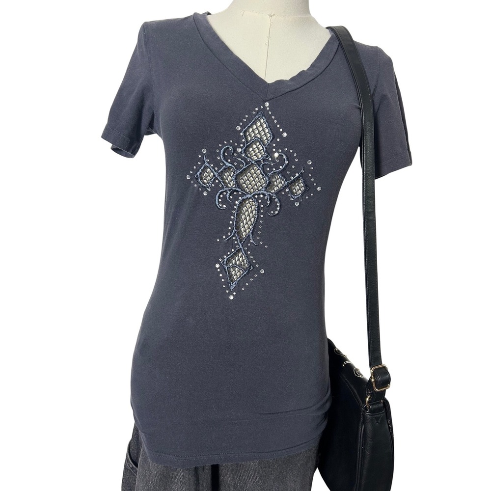 Vintage Y2K Cross Rhinestone‎ Mesh V Neck Tee Shirt Gray